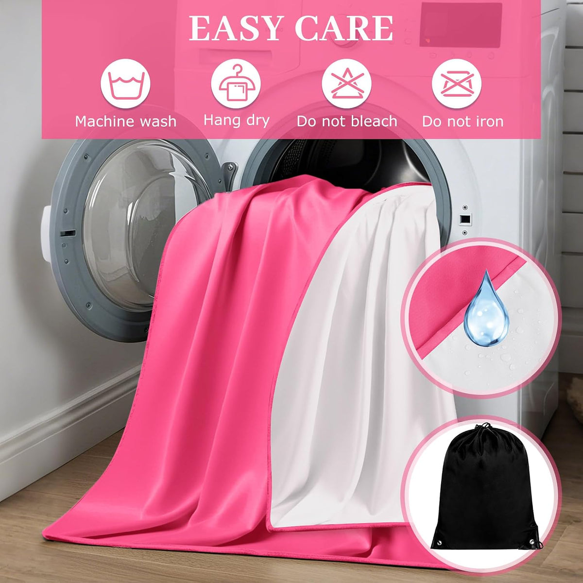 Waterproof Bed Blanket Queen Size 78'' x 82'' Pink Polyester, TPU Waterproof Film Mattress Protector Mat with Storage Bag for Bed Cover