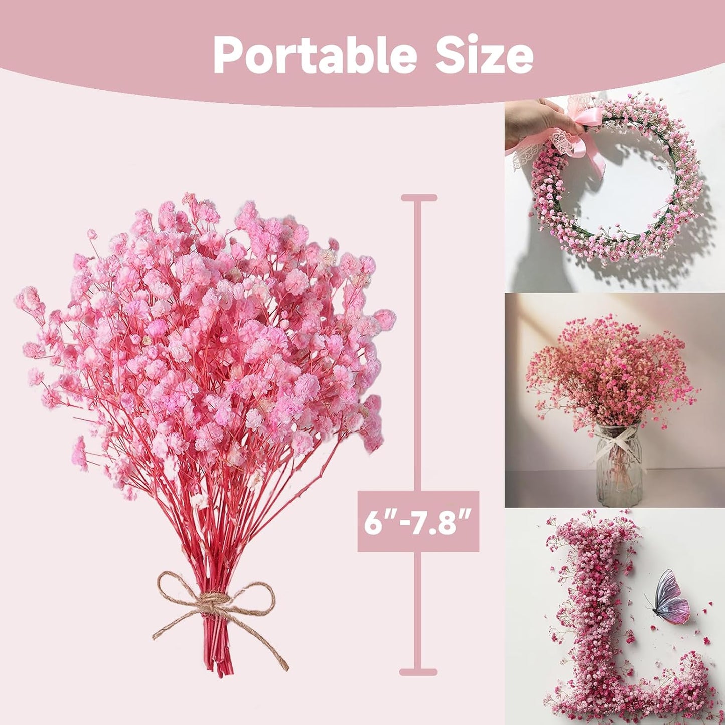 Dried Baby's Breath Bouquet, Pure Pink 6"-7.8" Portable Mini Gypsophila Flowers, 2000+ Natural Preserved Flowers for Wedding Home Decor DIY Crafts Vase Filler Wreath Card Making
