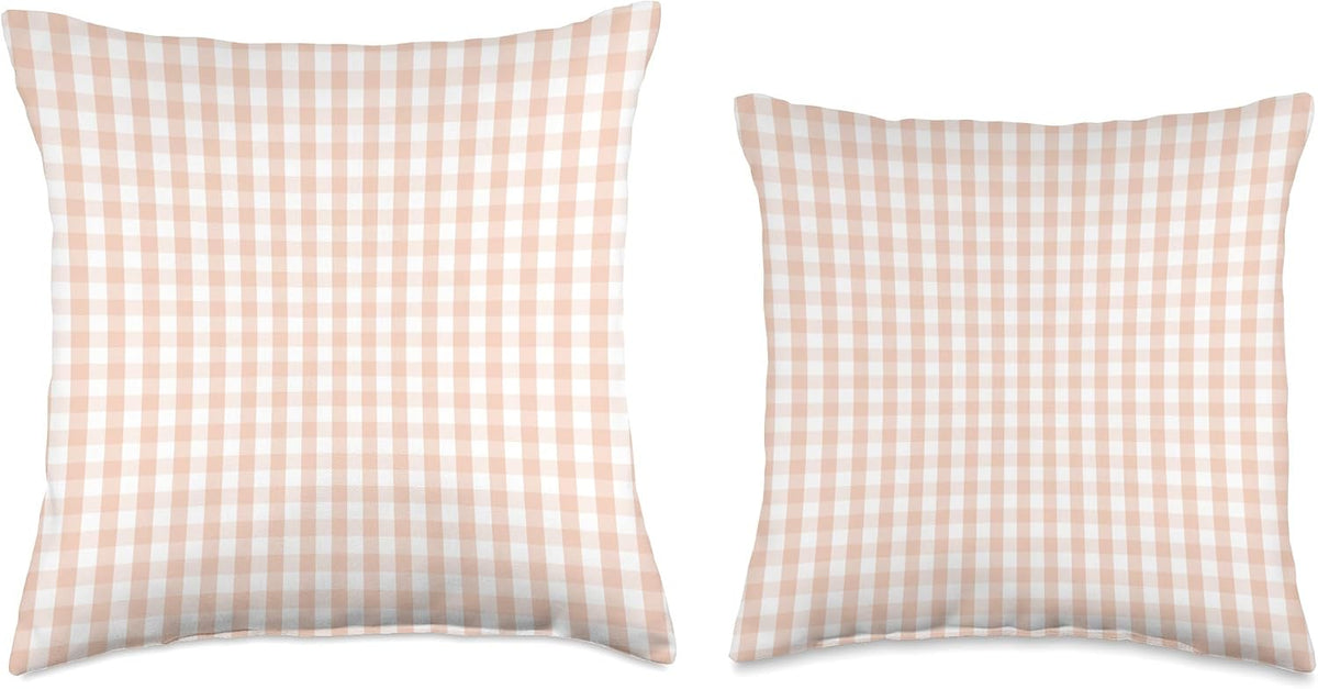 White and Peach Pastel Color Gingham Check Throw Pillow