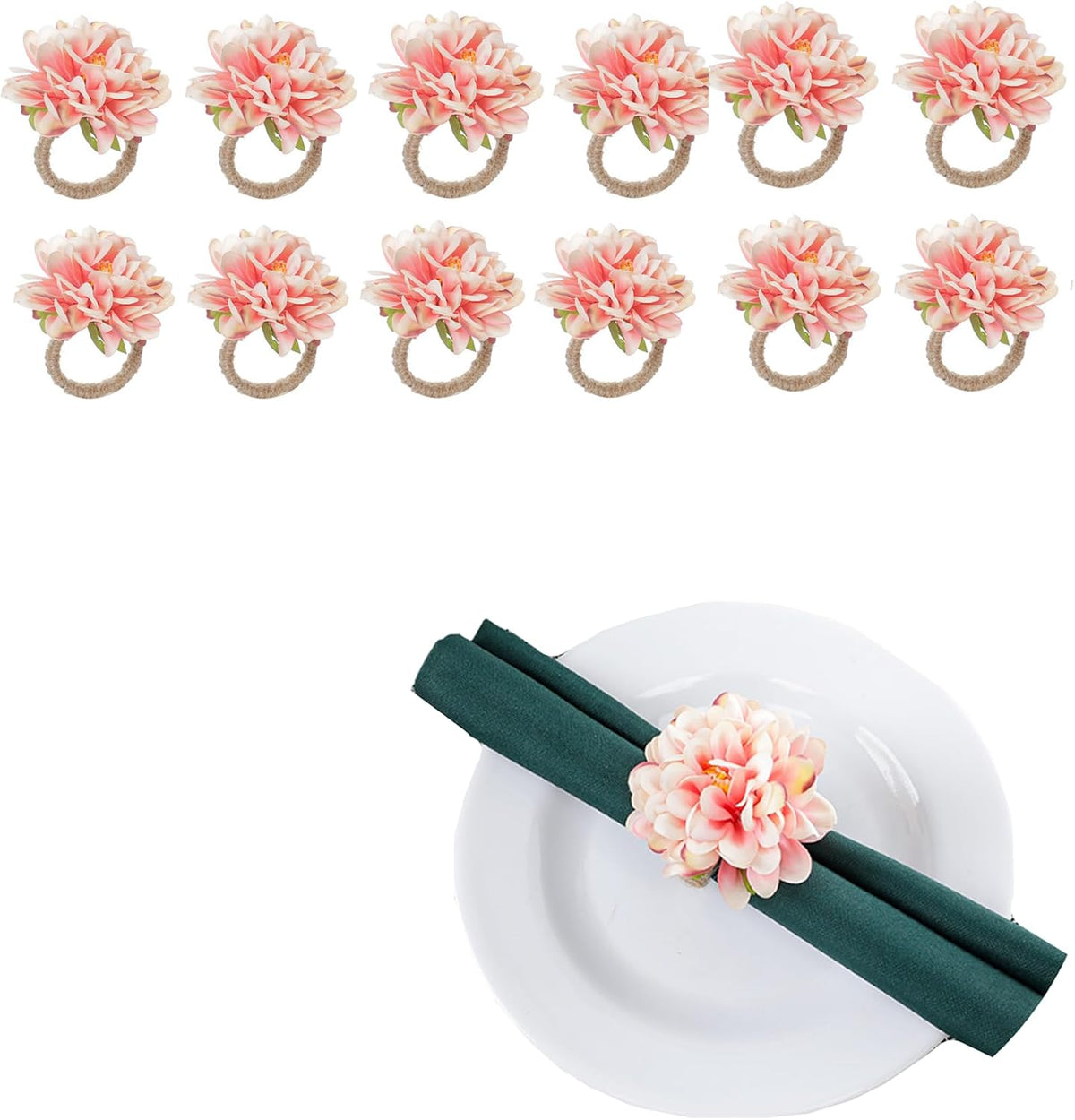 Flower Napkin Rings Set of 12 Floral Napkin Holder Handcraft Flower Napkin Rings Wedding Table Decoration for Valentine's Day Wedding Banquet Birthday Party (Pink)