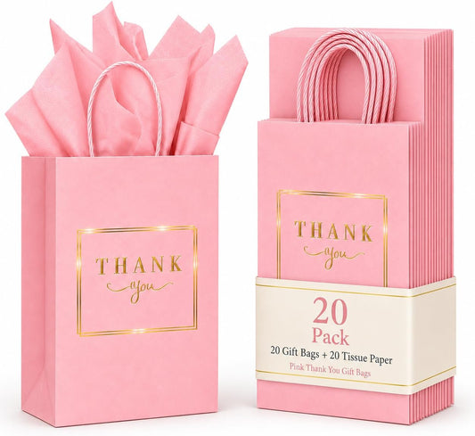 20 Pack Pink Thank You Gift Bags with Handles and Tissue Paper, 5.9"×3.15"x8.26" Gold Foil Small Gift Bags for Employee Appreciation, Baby Shower, Birthday and Bridal Shower Favors