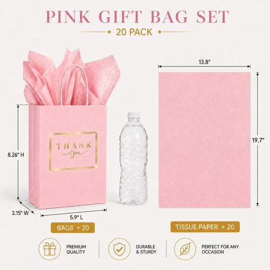 20 Pack Pink Thank You Gift Bags with Handles and Tissue Paper, 5.9"×3.15"x8.26" Gold Foil Small Gift Bags for Employee Appreciation, Baby Shower, Birthday and Bridal Shower Favors