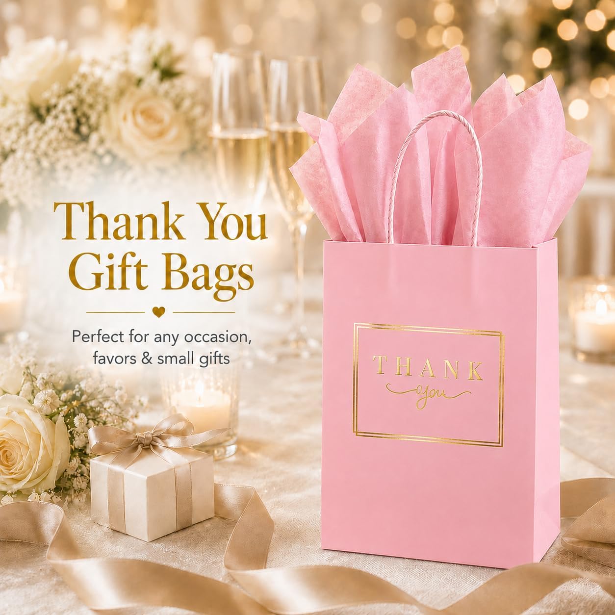 20 Pack Pink Thank You Gift Bags with Handles and Tissue Paper, 5.9"×3.15"x8.26" Gold Foil Small Gift Bags for Employee Appreciation, Baby Shower, Birthday and Bridal Shower Favors