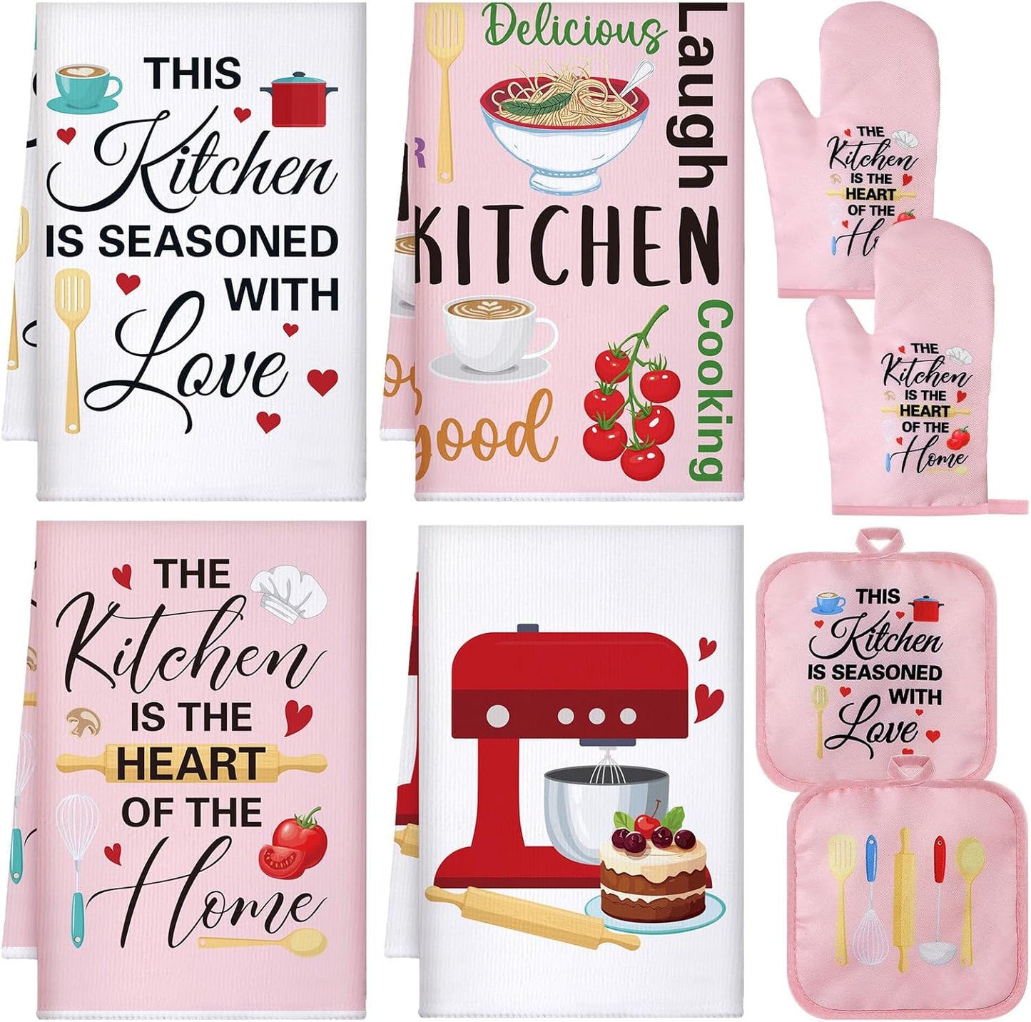 8 Pcs Kitchen Towels and Oven Mitts Sets Pot Holders Dishcloths Set Kitchen Decorative Accessories Absorbent Potholders Heat Resistant for Chef Baking Cooking(Pink,Food)
