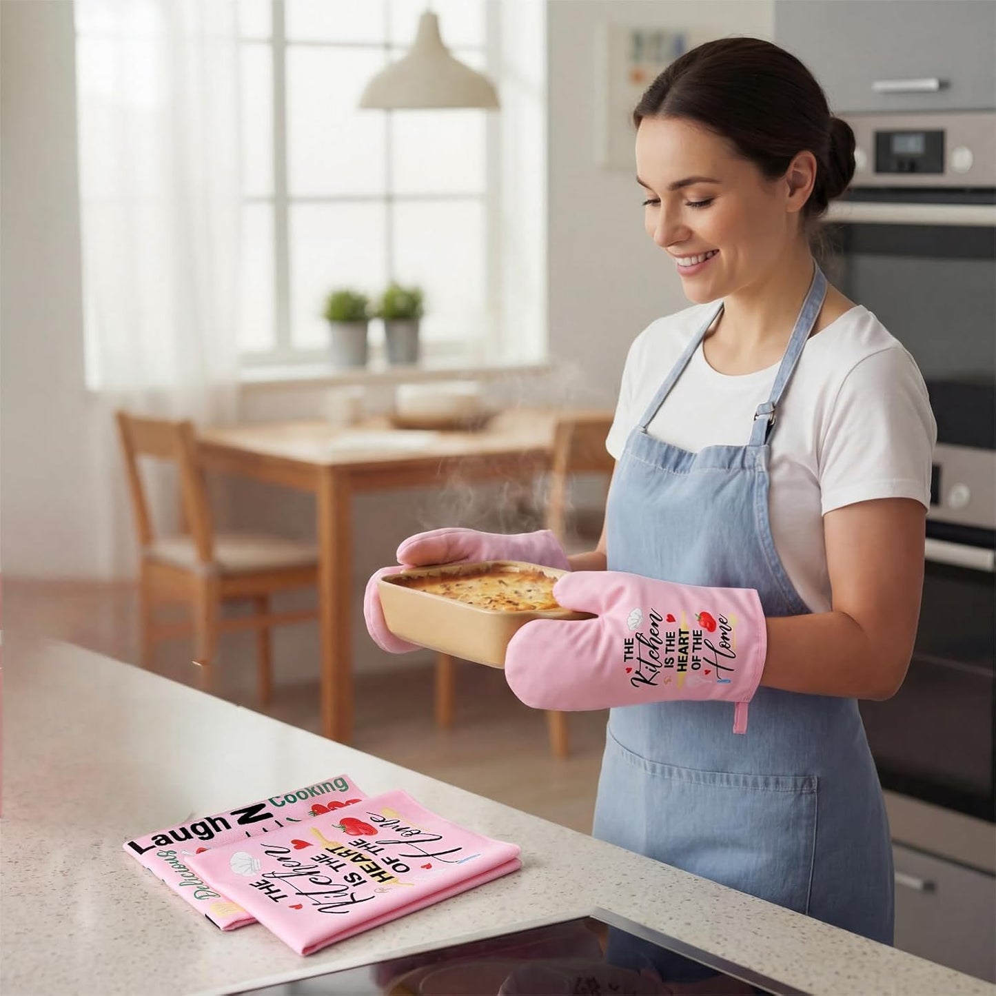 8 Pcs Kitchen Towels and Oven Mitts Sets Pot Holders Dishcloths Set Kitchen Decorative Accessories Absorbent Potholders Heat Resistant for Chef Baking Cooking(Pink,Food)