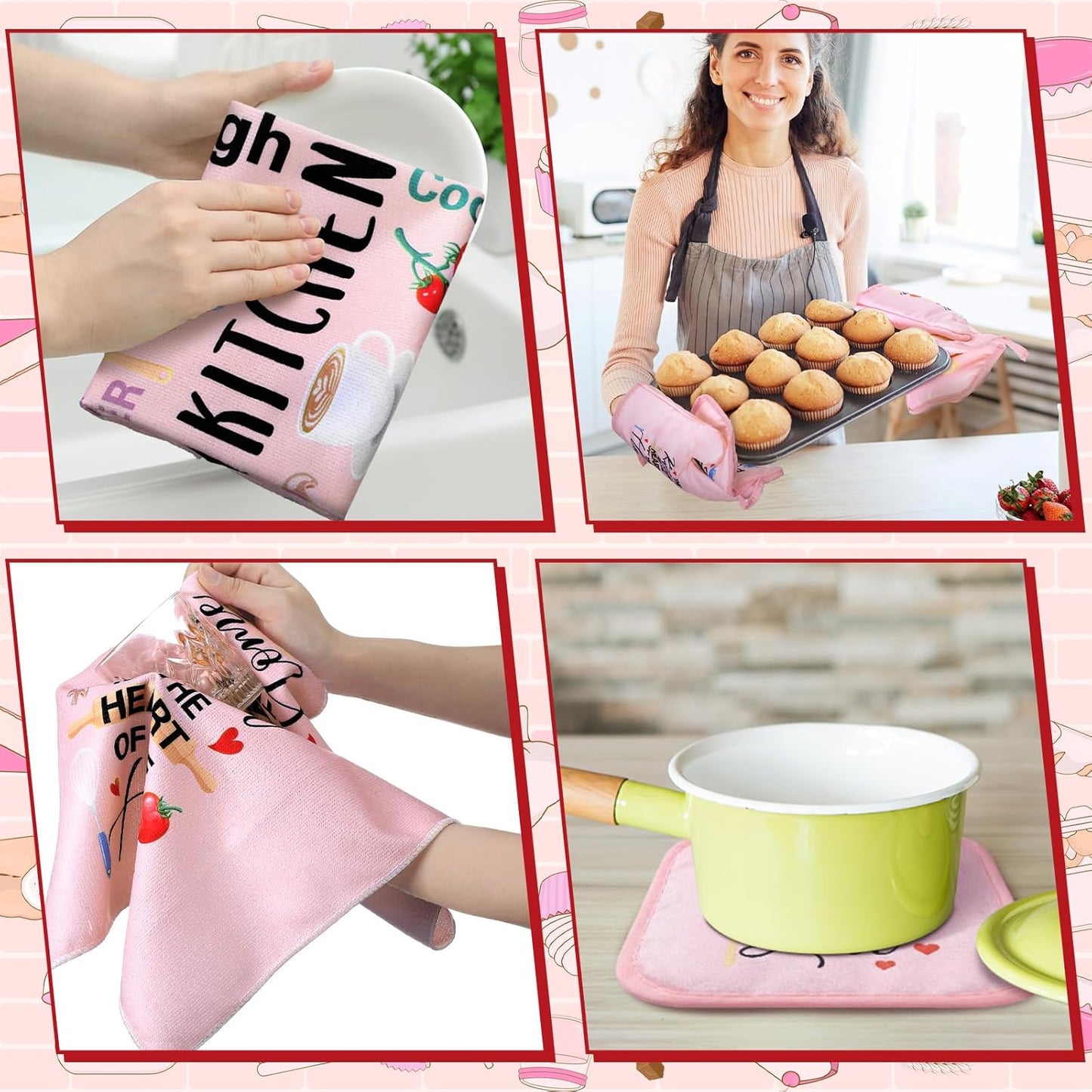 8 Pcs Kitchen Towels and Oven Mitts Sets Pot Holders Dishcloths Set Kitchen Decorative Accessories Absorbent Potholders Heat Resistant for Chef Baking Cooking(Pink,Food)