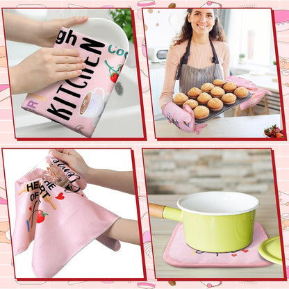 8 Pcs Kitchen Towels and Oven Mitts Sets Pot Holders Dishcloths Set Kitchen Decorative Accessories Absorbent Potholders Heat Resistant for Chef Baking Cooking(Pink,Food)