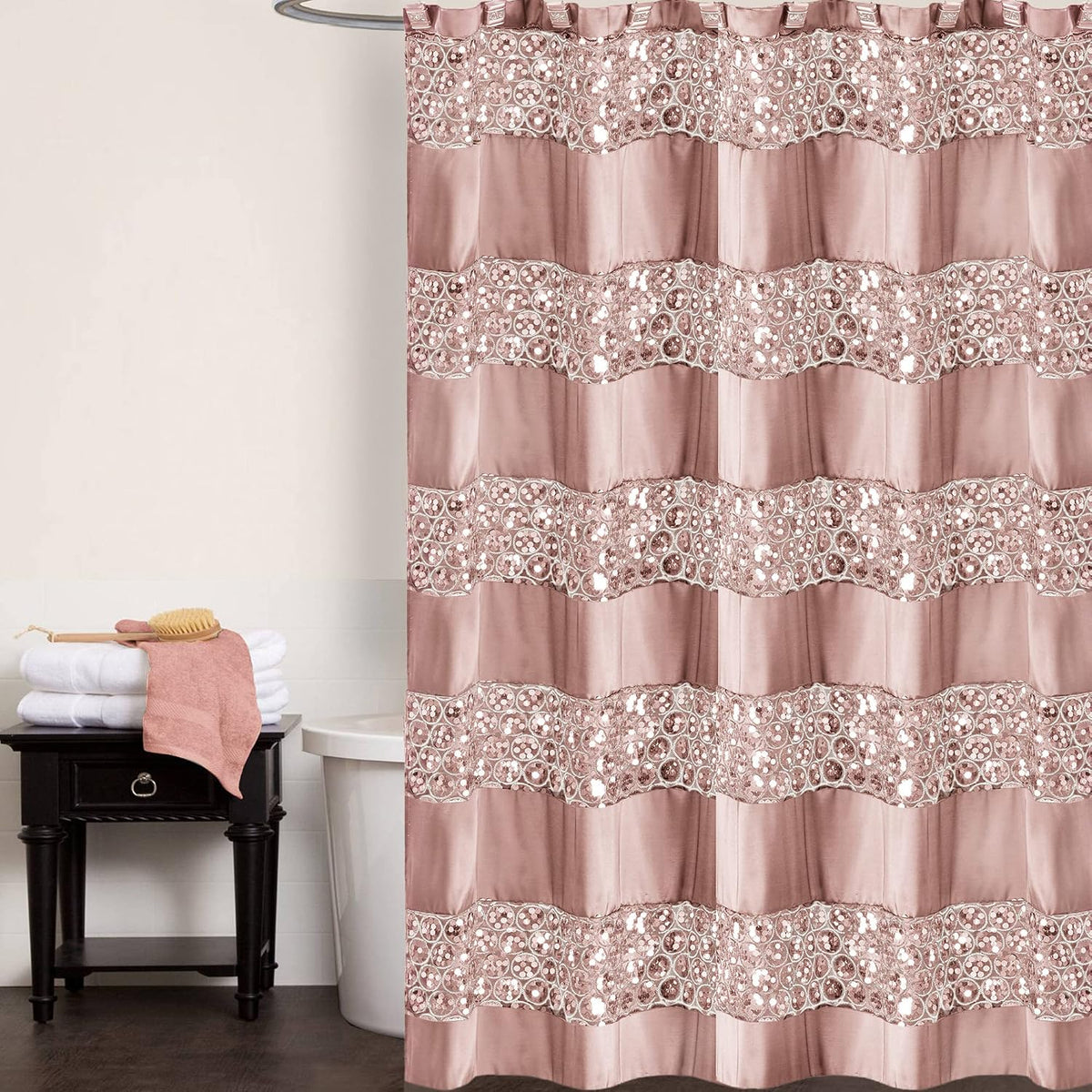 Sinatra Bathroom Shower Curtain Glamorous Bling Fabric Shower Curtain, 72"x70", Blush