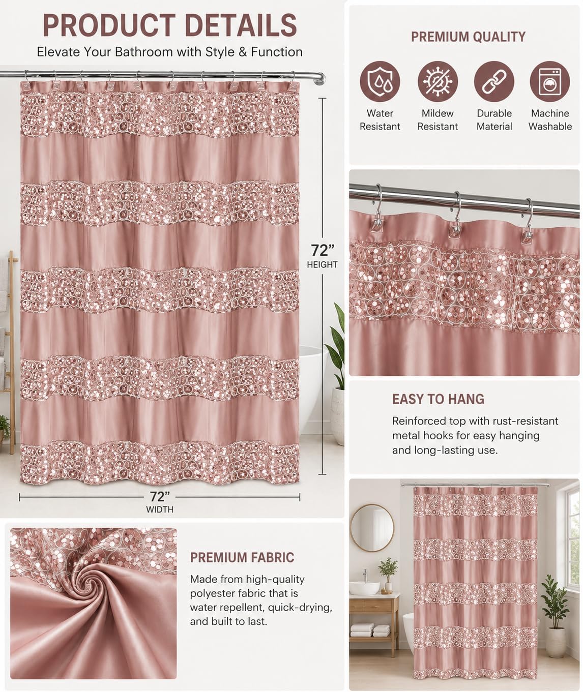 Sinatra Bathroom Shower Curtain Glamorous Bling Fabric Shower Curtain, 72"x70", Blush