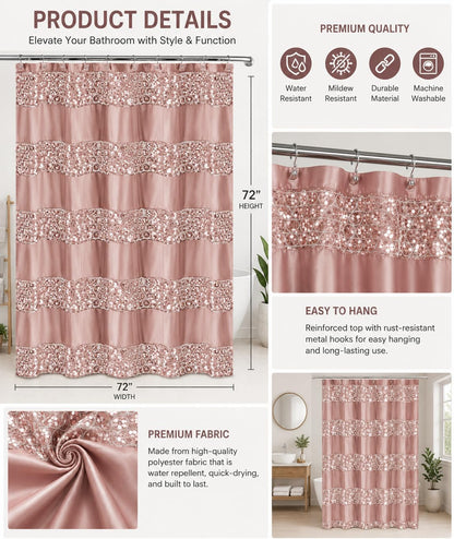 Sinatra Bathroom Shower Curtain Glamorous Bling Fabric Shower Curtain, 72"x70", Blush