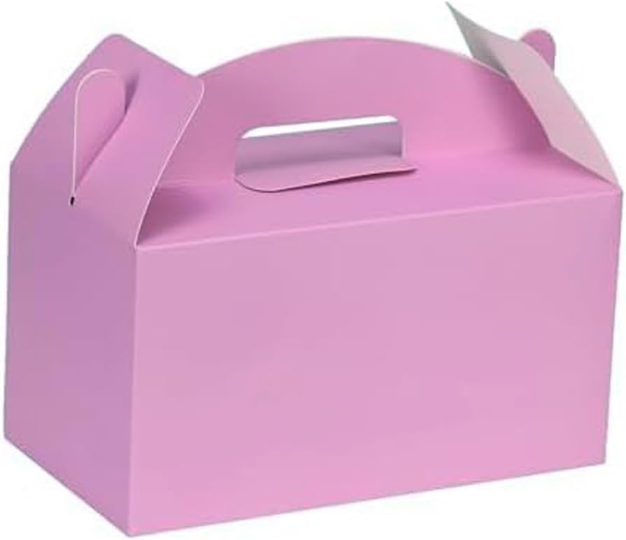 Grevo Pink Treat Box with Handle, 12Pcs, 9.45"x5"x5" Durable & Sturdy Cardstock Gable Boxes for Wedding, Baby Shower, Kids Birthday, Party Favor, Holidays Gifts