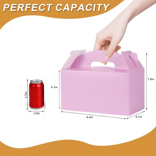 Grevo Pink Treat Box with Handle, 12Pcs, 9.45"x5"x5" Durable & Sturdy Cardstock Gable Boxes for Wedding, Baby Shower, Kids Birthday, Party Favor, Holidays Gifts