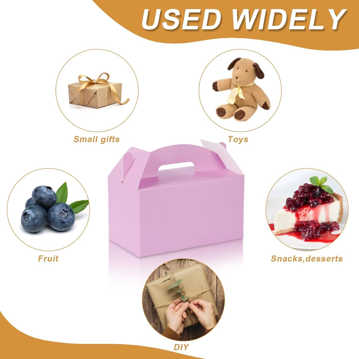 Grevo Pink Treat Box with Handle, 12Pcs, 9.45"x5"x5" Durable & Sturdy Cardstock Gable Boxes for Wedding, Baby Shower, Kids Birthday, Party Favor, Holidays Gifts