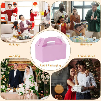 Grevo Pink Treat Box with Handle, 12Pcs, 9.45"x5"x5" Durable & Sturdy Cardstock Gable Boxes for Wedding, Baby Shower, Kids Birthday, Party Favor, Holidays Gifts