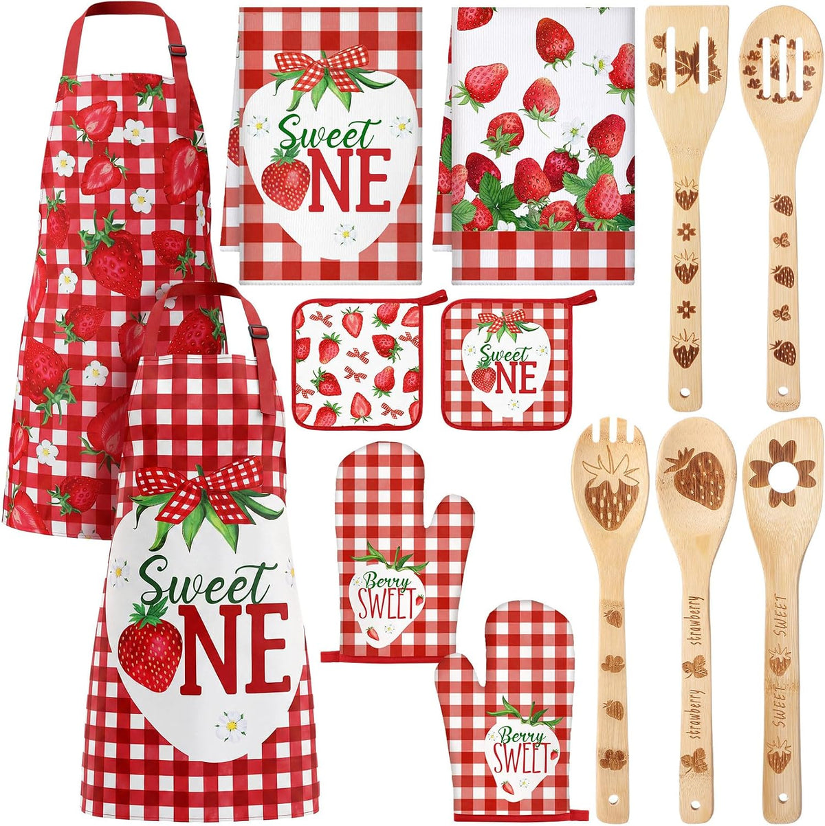 13 Pcs Strawberry Kitchen Decor Accessories Pink Kitchen Apron Dish Towels Oven Mitts and Pot Holders Cute Wooden Spoons for Farmhouse Home Strawberry Party Decoration Housewarming Gifts