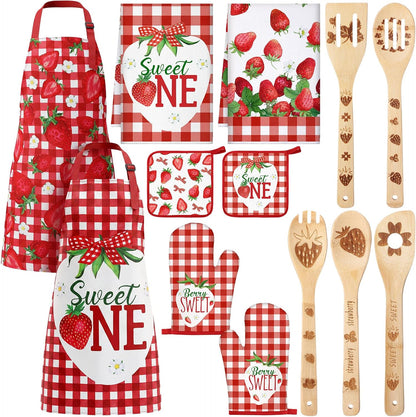 13 Pcs Strawberry Kitchen Decor Accessories Pink Kitchen Apron Dish Towels Oven Mitts and Pot Holders Cute Wooden Spoons for Farmhouse Home Strawberry Party Decoration Housewarming Gifts