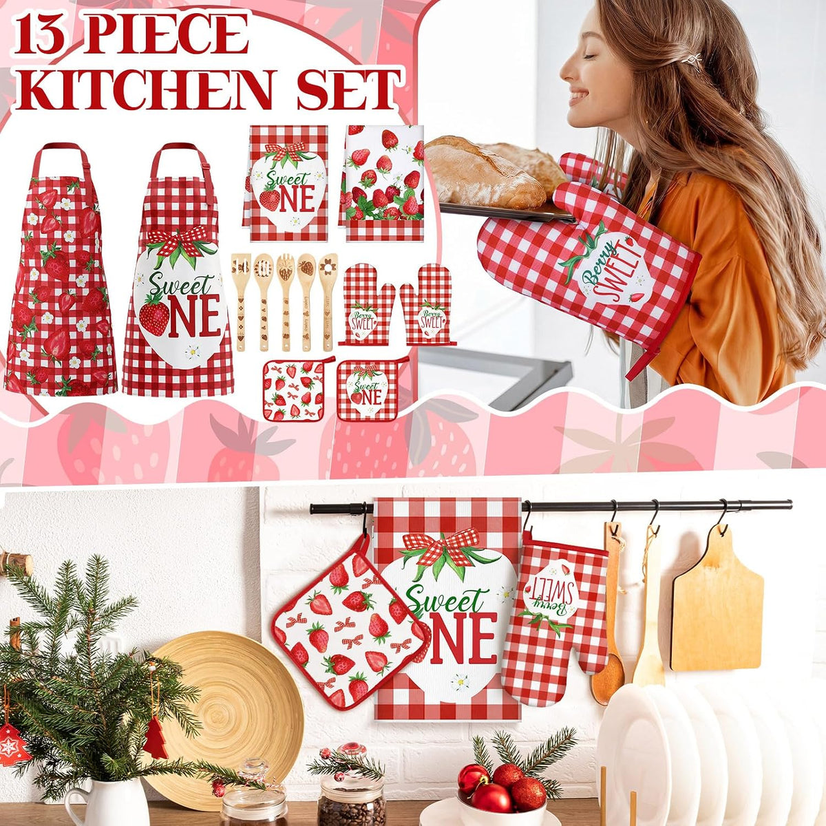13 Pcs Strawberry Kitchen Decor Accessories Pink Kitchen Apron Dish Towels Oven Mitts and Pot Holders Cute Wooden Spoons for Farmhouse Home Strawberry Party Decoration Housewarming Gifts
