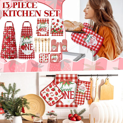 13 Pcs Strawberry Kitchen Decor Accessories Pink Kitchen Apron Dish Towels Oven Mitts and Pot Holders Cute Wooden Spoons for Farmhouse Home Strawberry Party Decoration Housewarming Gifts