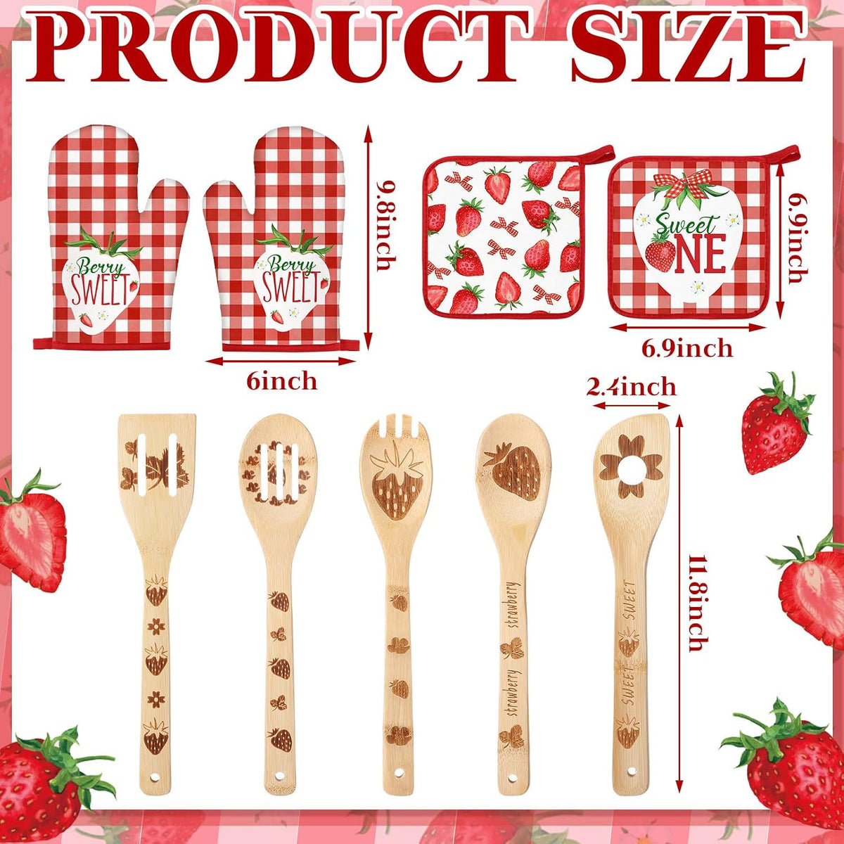 13 Pcs Strawberry Kitchen Decor Accessories Pink Kitchen Apron Dish Towels Oven Mitts and Pot Holders Cute Wooden Spoons for Farmhouse Home Strawberry Party Decoration Housewarming Gifts