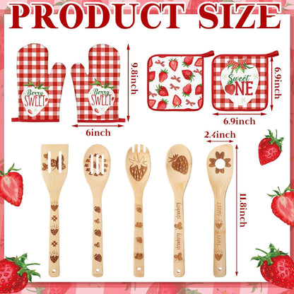 13 Pcs Strawberry Kitchen Decor Accessories Pink Kitchen Apron Dish Towels Oven Mitts and Pot Holders Cute Wooden Spoons for Farmhouse Home Strawberry Party Decoration Housewarming Gifts