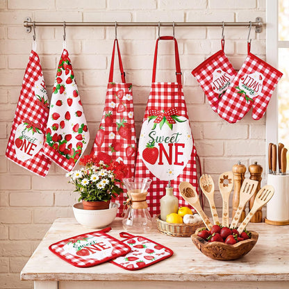 13 Pcs Strawberry Kitchen Decor Accessories Pink Kitchen Apron Dish Towels Oven Mitts and Pot Holders Cute Wooden Spoons for Farmhouse Home Strawberry Party Decoration Housewarming Gifts