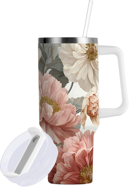 40 oz Insulated Stainless Steel Tumbler with Handle and Straw, Vintage Floral Pattern in Pastel Pinkish and Peach Large Capacity Travel Mug with Lid Keeps Drinks Hot&Cold BPA-Free for Trave Double Wal