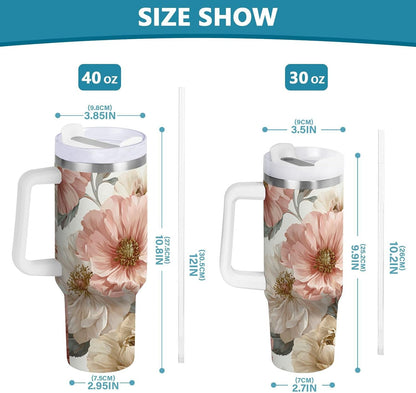40 oz Insulated Stainless Steel Tumbler with Handle and Straw, Vintage Floral Pattern in Pastel Pinkish and Peach Large Capacity Travel Mug with Lid Keeps Drinks Hot&Cold BPA-Free for Trave Double Wal