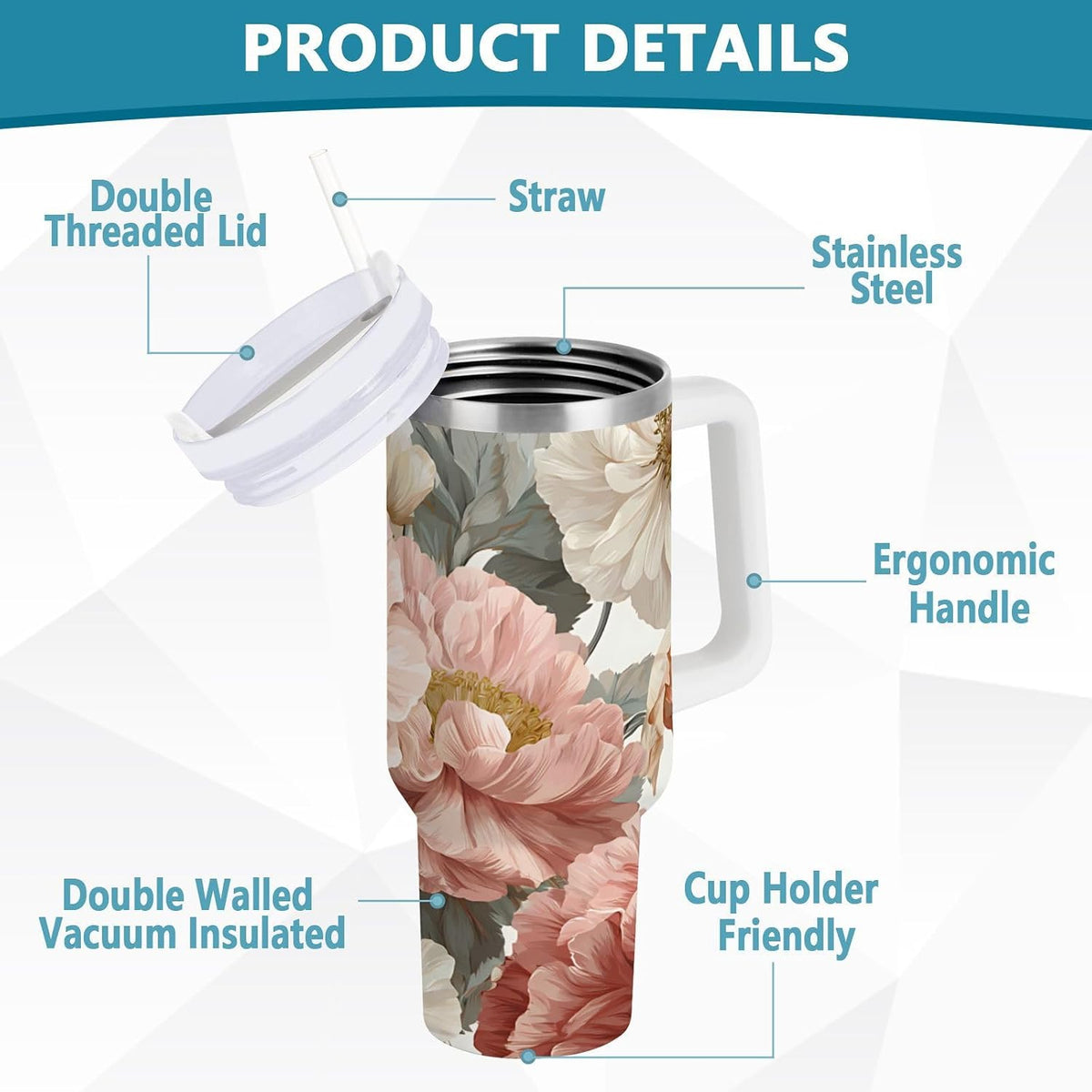 40 oz Insulated Stainless Steel Tumbler with Handle and Straw, Vintage Floral Pattern in Pastel Pinkish and Peach Large Capacity Travel Mug with Lid Keeps Drinks Hot&Cold BPA-Free for Trave Double Wal