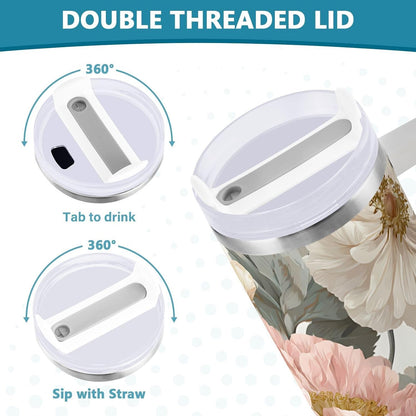 40 oz Insulated Stainless Steel Tumbler with Handle and Straw, Vintage Floral Pattern in Pastel Pinkish and Peach Large Capacity Travel Mug with Lid Keeps Drinks Hot&Cold BPA-Free for Trave Double Wal