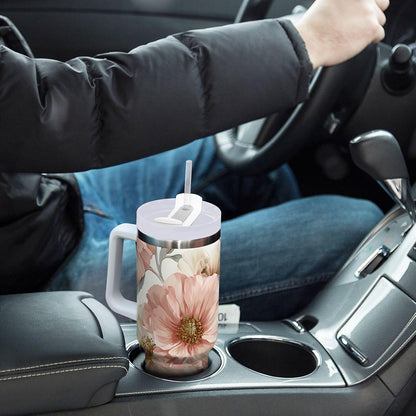 40 oz Insulated Stainless Steel Tumbler with Handle and Straw, Vintage Floral Pattern in Pastel Pinkish and Peach Large Capacity Travel Mug with Lid Keeps Drinks Hot&Cold BPA-Free for Trave Double Wal