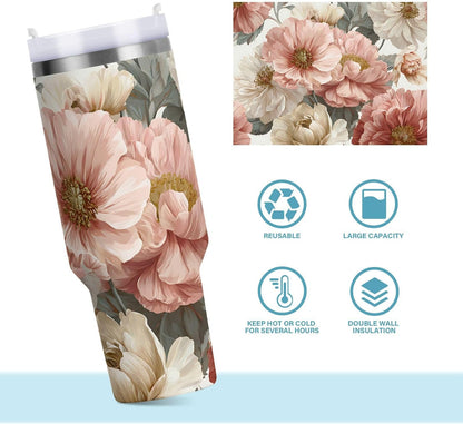 40 oz Insulated Stainless Steel Tumbler with Handle and Straw, Vintage Floral Pattern in Pastel Pinkish and Peach Large Capacity Travel Mug with Lid Keeps Drinks Hot&Cold BPA-Free for Trave Double Wal
