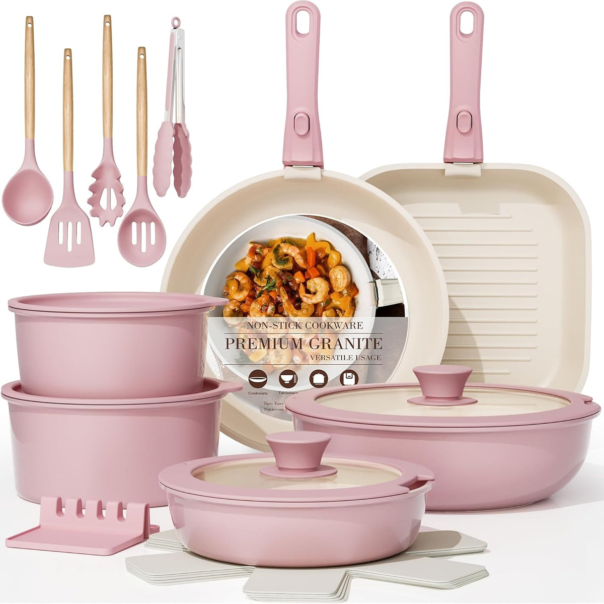 23 Pcs Pots and Pans Set Non Stick, Ceramic Cookware Set Detachable Handle, RV Kitchen Cooking Set Removable Handles, Oven Safe, Induction Ready, Stackable, Pink, Mothers Day Gifts