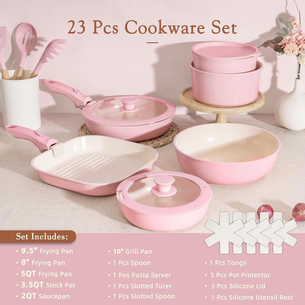 23 Pcs Pots and Pans Set Non Stick, Ceramic Cookware Set Detachable Handle, RV Kitchen Cooking Set Removable Handles, Oven Safe, Induction Ready, Stackable, Pink, Mothers Day Gifts