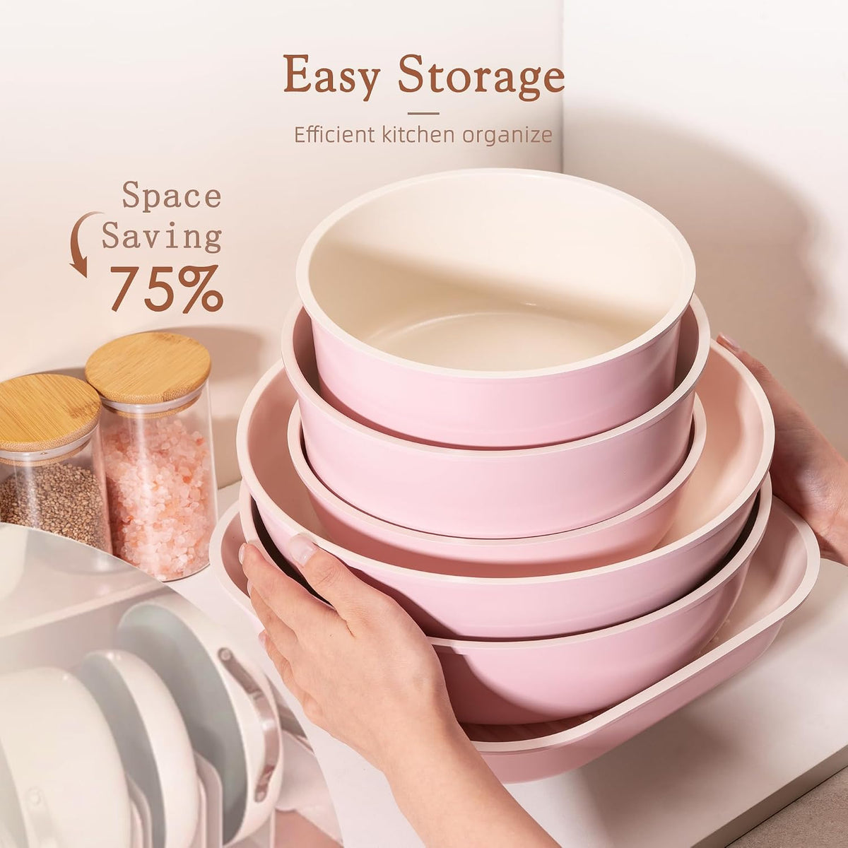 23 Pcs Pots and Pans Set Non Stick, Ceramic Cookware Set Detachable Handle, RV Kitchen Cooking Set Removable Handles, Oven Safe, Induction Ready, Stackable, Pink, Mothers Day Gifts