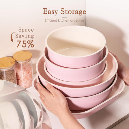 23 Pcs Pots and Pans Set Non Stick, Ceramic Cookware Set Detachable Handle, RV Kitchen Cooking Set Removable Handles, Oven Safe, Induction Ready, Stackable, Pink, Mothers Day Gifts