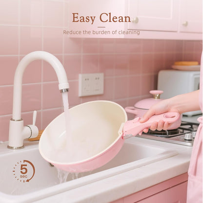 23 Pcs Pots and Pans Set Non Stick, Ceramic Cookware Set Detachable Handle, RV Kitchen Cooking Set Removable Handles, Oven Safe, Induction Ready, Stackable, Pink, Mothers Day Gifts
