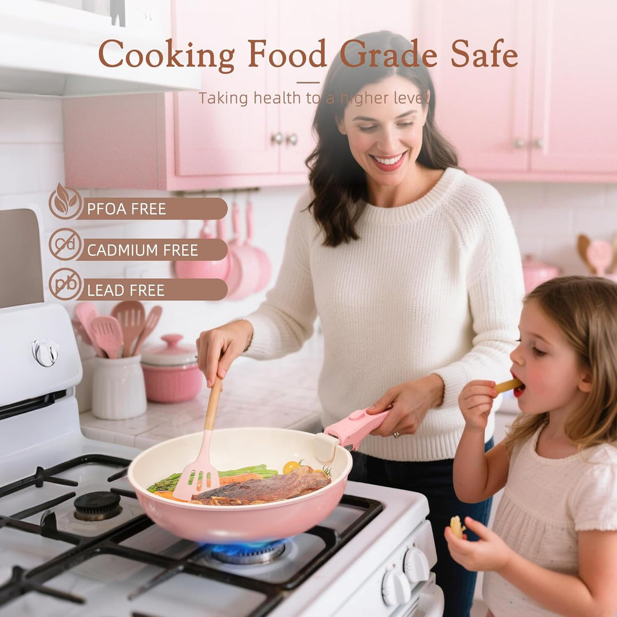23 Pcs Pots and Pans Set Non Stick, Ceramic Cookware Set Detachable Handle, RV Kitchen Cooking Set Removable Handles, Oven Safe, Induction Ready, Stackable, Pink, Mothers Day Gifts