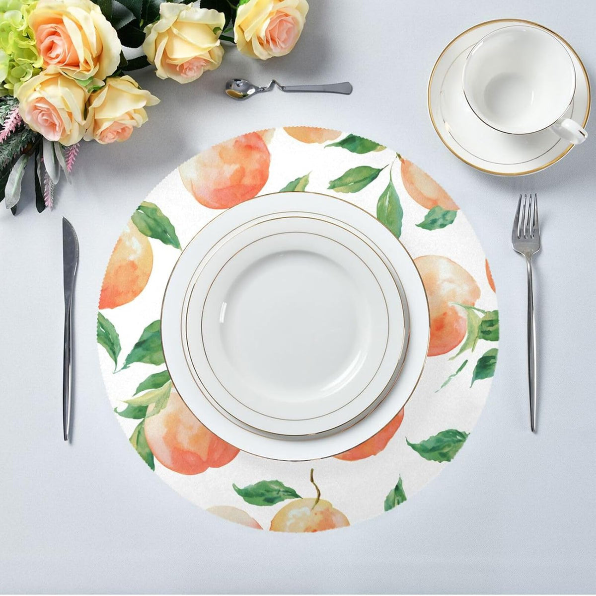 Round Placemats Set Peach Watercolor Pattern 6 Pcs Fabric Table Mats for Dining Table