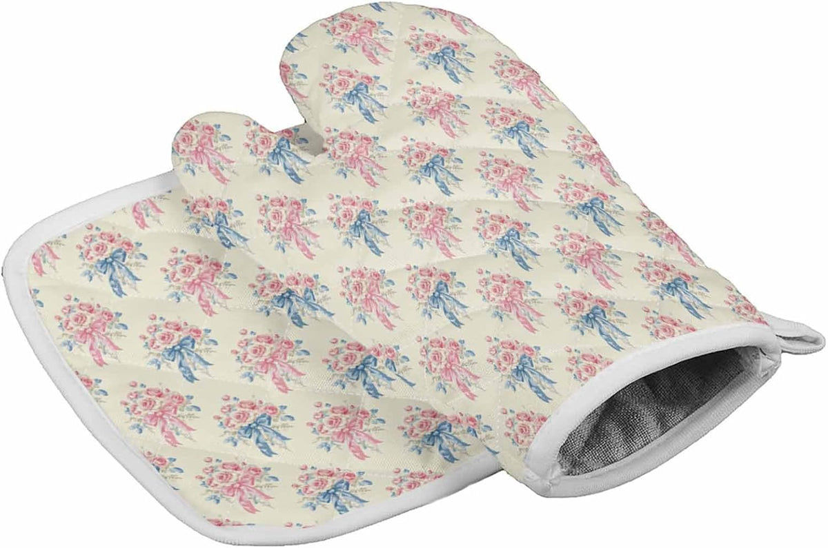Quilted Cotton Terry Cloth Oven Mitt, Pot Holder Pink Rose Bouquet Blue Bow Vintage Light Yellow 2-Pack Kitchen Set, Heat Insulation, Silicone Grip, Gift Set