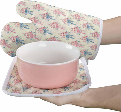 Quilted Cotton Terry Cloth Oven Mitt, Pot Holder Pink Rose Bouquet Blue Bow Vintage Light Yellow 2-Pack Kitchen Set, Heat Insulation, Silicone Grip, Gift Set