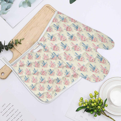 Quilted Cotton Terry Cloth Oven Mitt, Pot Holder Pink Rose Bouquet Blue Bow Vintage Light Yellow 2-Pack Kitchen Set, Heat Insulation, Silicone Grip, Gift Set