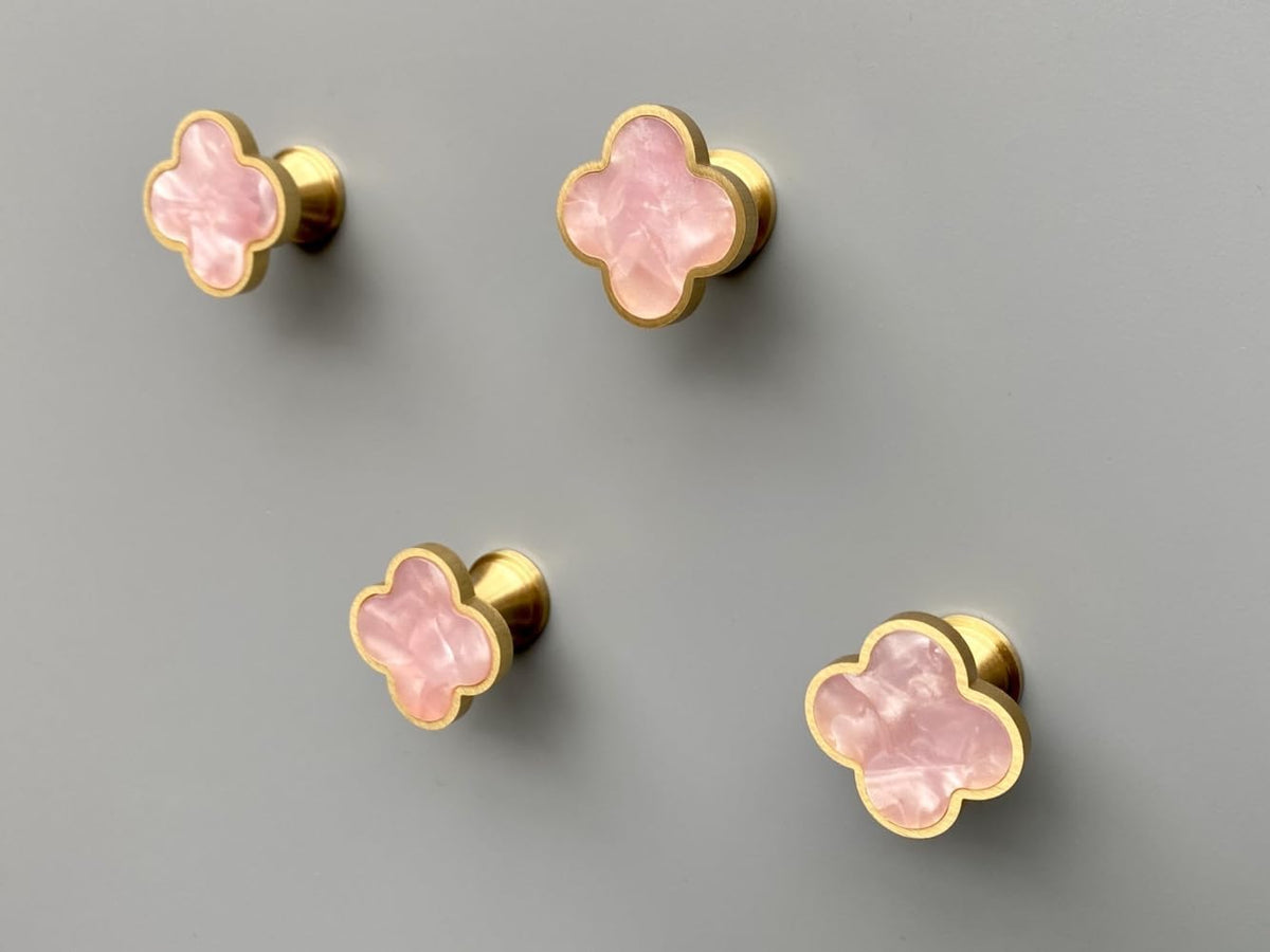 Solid Brass Decorative Wall Hooks, Coat Backpack Purse Screw-in Hangers, Wall Mounted Fancy Champagne Gold Hooks (Blossom Pink 4 Pack)