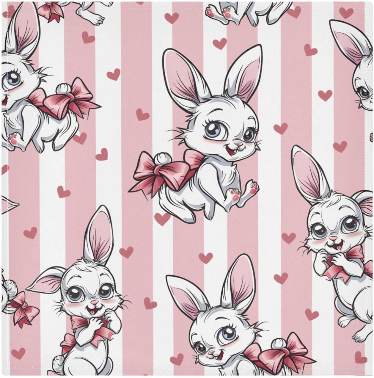 Cloth Napkins 4PCS, Rabbit Flower Bow Heart Pink and White Stripes Pattern 20x20 Inch Reusable Dinner Washable Soft Absorbent Square Napkins for Dining Kitchen Party Wedding Decoration