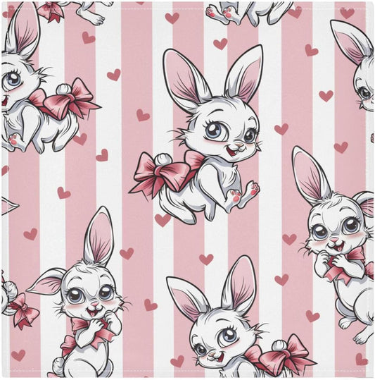 Cloth Napkins 4PCS, Rabbit Flower Bow Heart Pink and White Stripes Pattern 20x20 Inch Reusable Dinner Washable Soft Absorbent Square Napkins for Dining Kitchen Party Wedding Decoration