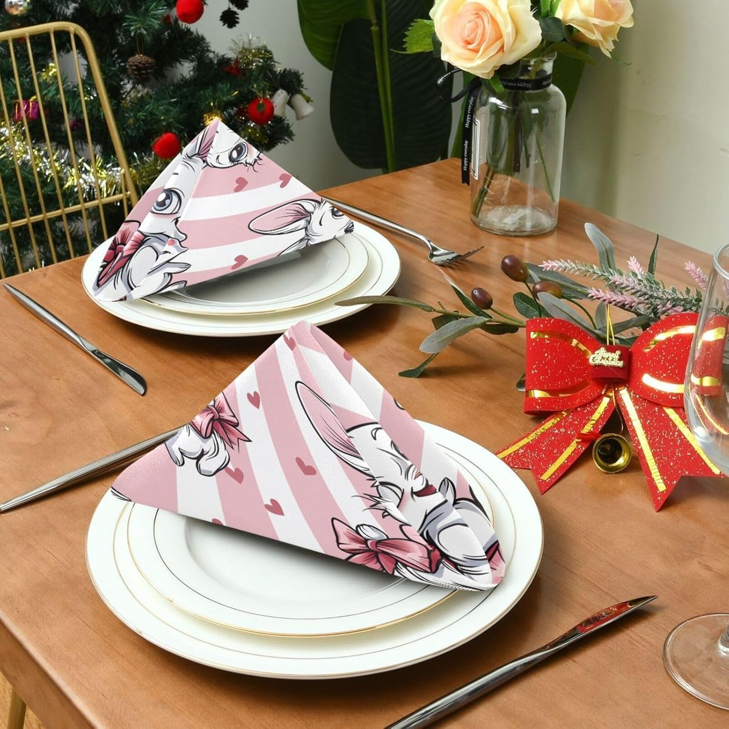 Cloth Napkins 4PCS, Rabbit Flower Bow Heart Pink and White Stripes Pattern 20x20 Inch Reusable Dinner Washable Soft Absorbent Square Napkins for Dining Kitchen Party Wedding Decoration