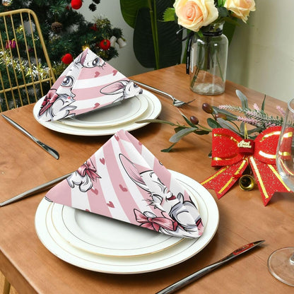 Cloth Napkins 4PCS, Rabbit Flower Bow Heart Pink and White Stripes Pattern 20x20 Inch Reusable Dinner Washable Soft Absorbent Square Napkins for Dining Kitchen Party Wedding Decoration