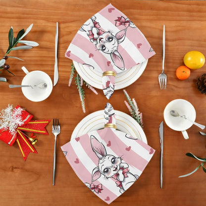 Cloth Napkins 4PCS, Rabbit Flower Bow Heart Pink and White Stripes Pattern 20x20 Inch Reusable Dinner Washable Soft Absorbent Square Napkins for Dining Kitchen Party Wedding Decoration