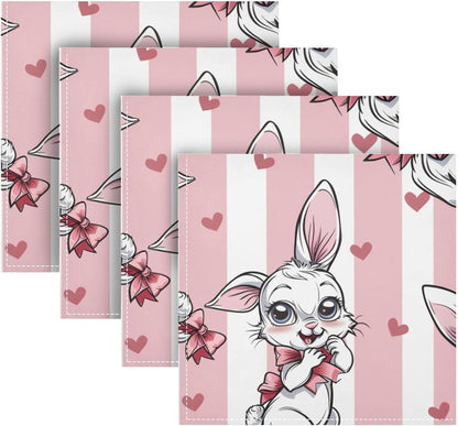 Cloth Napkins 4PCS, Rabbit Flower Bow Heart Pink and White Stripes Pattern 20x20 Inch Reusable Dinner Washable Soft Absorbent Square Napkins for Dining Kitchen Party Wedding Decoration