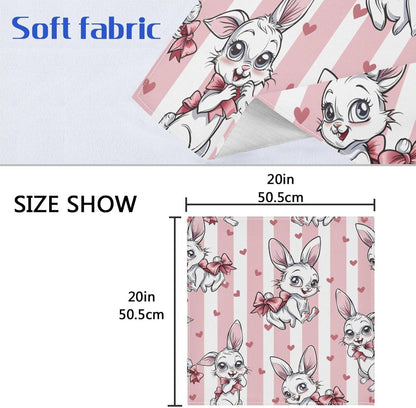 Cloth Napkins 4PCS, Rabbit Flower Bow Heart Pink and White Stripes Pattern 20x20 Inch Reusable Dinner Washable Soft Absorbent Square Napkins for Dining Kitchen Party Wedding Decoration