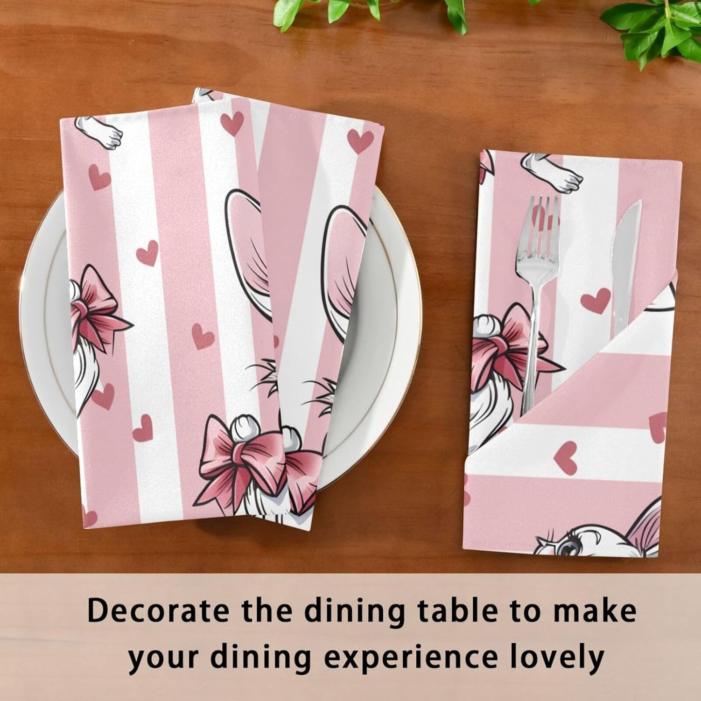 Cloth Napkins 4PCS, Rabbit Flower Bow Heart Pink and White Stripes Pattern 20x20 Inch Reusable Dinner Washable Soft Absorbent Square Napkins for Dining Kitchen Party Wedding Decoration